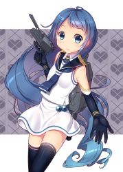 Rule 34 | 10s, 1girl, bad id, bad pixiv id, blue eyes, blue hair, cannon, cnm, dress, elbow gloves, gloves, kantai collection, long hair, looking at viewer, matching hair/eyes, sailor collar, samidare (kancolle), smile, solo, thighhighs, very long hair