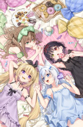 Rule 34 | 4girls, animal ears, arm garter, arm strap, black hair, black nightgown, blonde hair, blue eyes, blue nightgown, blush, breasts, brown hair, candy, cat ears, cookie, doughnut, food, green eyes, green nightgown, heterochromia, highres, kise itsuki, lollipop, looking at another, lying, macaron, multiple girls, nightgown, on back, open mouth, original, pocky, purple eyes, purple nightgown, red eyes, short hair, small breasts, smile, swirl lollipop, twintails, white hair, yellow eyes