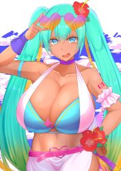 Rule 34 | 1girl, aqua hair, bikini, blue eyes, breasts, cleavage, collarbone, eyewear on head, facominn, flower, hair ornament, hatsune miku, highres, huge breasts, long hair, looking at viewer, open mouth, solo, swimsuit, twintails, very long hair, vocaloid