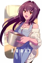 Rule 34 | 1girl, apron, bare shoulders, blue apron, breasts, collarbone, cooking pot, echo (circa), fate/grand order, fate (series), large breasts, long hair, long sleeves, looking at viewer, off-shoulder sweater, off shoulder, open mouth, ponytail, purple hair, red eyes, ribbed sweater, scathach (fate), smile, solo, sweater, white sweater