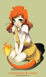 Rule 34 | 1girl, blush, character name, charmander, creatures (company), dress, fang, fire, flame-tipped tail, flat chest, game freak, gen 1 pokemon, green eyes, highres, jumpix, long hair, looking at viewer, nintendo, open mouth, orange hair, personification, pokemon, puffy short sleeves, puffy sleeves, seiza, short sleeves, simple background, sitting, solo, tail, watermark, web address