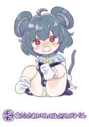 Rule 34 | 1girl, ahoge, animal ear fluff, animal ears, arm support, bare legs, blush, bright pupils, cameltoe, capelet, chibi, commentary request, cookie (touhou), dot nose, dress, embarrassed, eyes visible through hair, feet up, full body, grey dress, grey hair, hair between eyes, legs up, long sleeves, looking at viewer, mouse ears, mouse tail, nazrin, no shoes, nyon (cookie), open mouth, panties, pantyshot, red eyes, short hair, simple background, sitting, socks, solo, sweat, tail, touhou, translation request, tsuzuchii, underwear, white background, white panties, white pupils, white sleeves, white socks