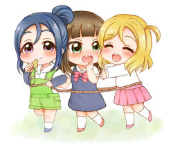Rule 34 | 10s, 3girls, :d, ^ ^, aged down, black hair, blonde hair, blue footwear, blue hair, blunt bangs, blush, chibi, clenched hand, closed eyes, commentary request, dress, green eyes, hair bun, hand to own mouth, happy party train, kurosawa dia, layered sleeves, long sleeves, love live!, love live! sunshine!!, matsuura kanan, mole, mole under mouth, multiple girls, noramaru (norarara821), ohara mari, one side up, open mouth, overalls, pink footwear, pink skirt, pleated skirt, purple eyes, red footwear, rope, shoes, short over long sleeves, short sleeves, single hair bun, skirt, smile, whistle, white legwear
