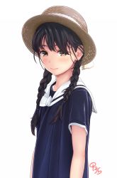 Rule 34 | 1girl, aoi kumiko, arms at sides, black shirt, blush, braid, brown eyes, brown hat, closed mouth, commentary request, fedora, hair tie, hat, highres, long hair, looking at viewer, original, pink lips, sailor collar, shirt, short sleeves, signature, simple background, smile, solo, twin braids, upper body, white background, white sailor collar