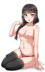 Rule 34 | &gt;:o, 1girl, :o, alternate hairstyle, black hair, black thighhighs, blunt bangs, blush, braid, breasts, full body, green eyes, hair ornament, hair over shoulder, hairpin, highres, kurosawa dia, long hair, looking at viewer, love live!, love live! sunshine!!, medium breasts, mole, mole under mouth, navel, nipples, no bra, nude filter, open mouth, panties, red panties, red scrunchie, scrunchie, simple background, single braid, sitting, solo, stomach, thighhighs, third-party edit, topless, underwear, underwear only, v-shaped eyebrows, white background, yokozuwari, yopparai oni