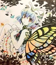 Rule 34 | 1girl, antennae, aqua hair, bad id, bad twitter id, blush, butterfly wings, dress, eternity larva, fairy, green dress, hair between eyes, highres, insect wings, iori mokamoka, leaf, leaf on head, multicolored clothes, multicolored dress, orange eyes, parted lips, shikishi, short hair, single strap, solo, third-party source, touhou, wings