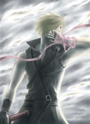 Rule 34 | 00s, 1boy, 2000s (style), armor, bare arms, blonde hair, blue eyes, cloud strife, final fantasy, final fantasy vii, final fantasy vii advent children, gloves, high collar, holding, holding weapon, lowres, one eye covered, open collar, pink ribbon, rendezvous, ribbon, shirt, shoulder armor, sleeveless, sleeveless shirt, solo, spiked hair, square enix, strap, weapon