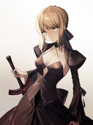 Rule 34 | 1girl, artoria pendragon (all), artoria pendragon (fate), black dress, black ribbon, black sleeves, blonde hair, braid, breasts, cleavage, closed mouth, commentary, detached sleeves, dress, excalibur morgan (fate), fate/grand order, fate (series), french braid, hair bun, hair ribbon, highres, holding, holding sword, holding weapon, long sleeves, looking at viewer, medium breasts, ribbon, saber alter, short hair, sidelocks, simple background, single hair bun, solo, sword, tamitami, weapon, wide sleeves, yellow eyes