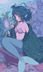Rule 34 | 1girl, absurdres, bare shoulders, blue eyes, blue hair, blush, breasts, cleavage, collarbone, commentary, curly hair, fins, fish, floral print, flying sweatdrops, green kimono, hairdressing, hand mirror, head fins, highres, japanese clothes, kimono, looking at mirror, medium breasts, mermaid, mirror, monster girl, mouth hold, navel, off shoulder, open clothes, open kimono, print kimono, rock, satomachi, seaweed, shell, shell bikini, sitting, solo, touhou, underwater, wakasagihime