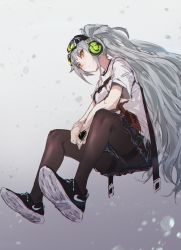 Rule 34 | 1girl, aek-999 (girls&#039; frontline), bad id, bad pixiv id, black footwear, blue skirt, brown eyes, brown pantyhose, closed mouth, commentary, full body, girls&#039; frontline, goggles, goggles on head, gradient background, grey background, grey hair, head tilt, headphones, highres, holding, long hair, looking at viewer, pantyhose, pleated skirt, ponytail, rorona s., shirt, shoes, short sleeves, sidelocks, sitting, sketch, skirt, solo, thighband pantyhose, very long hair, white shirt