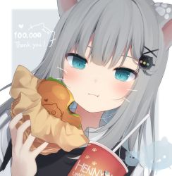 Rule 34 | 1girl, amashiro natsuki, animal ears, blue eyes, blush, burger, cat ears, cat girl, close-up, commentary, cup, eating, english commentary, eyebrows hidden by hair, food, grey hair, hair ornament, hairclip, highres, holding, holding food, long hair, long sleeves, nachoneko, nail polish, original, portrait, slit pupils, solo, thank you, vest, wing collar, x hair ornament