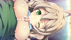 Rule 34 | 1boy, 1girl, blonde hair, blush, bra, bra lift, breasts squeezed together, breasts, censored, cum, cum in mouth, ejaculation, fellatio, game cg, green eyes, large breasts, long hair, lying, maou no kuse ni namaiki da!, maou no kuse ni namaiki da! 2 ~kondo wa seisen da!~, nipples, oral, paizuri, penis, underwear, wince