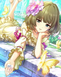 Rule 34 | 1girl, artist request, bare shoulders, barefoot, blue eyes, bow, brown hair, bug, butterfly, choker, collarbone, day, detached sleeves, dress, earrings, flower, frills, fringe trim, hair ornament, idolmaster, idolmaster cinderella girls, insect, jewelry, jpeg artifacts, lying, mole, mole under eye, official art, on stomach, outdoors, short hair, smile, solo, takagaki kaede, vegetation, water