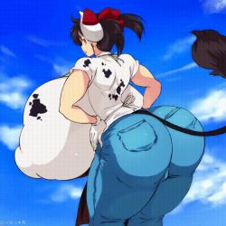 Rule 34 | 1girl, animal print, animated, animated gif, apron, ass, ass shake, backboob, black hair, blue sky, bouncing ass, bouncing breasts, bow, breasts, brown eyes, cloud, cow girl, cow horns, cow print, cow tail, curvy, denim, from behind, gigantic breasts, gloves, hair bow, hataraki ari, horns, huge ass, jeans, jiggle, md5 mismatch, original, pants, ponytail, shiny clothes, shirt, sky, solo, sukimi, tail, thick thighs, thighs, wide hips