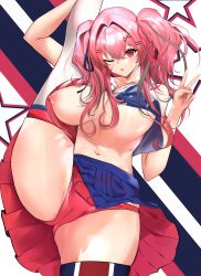 Rule 34 | 1girl, ;o, absurdres, alternate costume, american flag, american flag print, azur lane, bare shoulders, blue skirt, blush, breasts, bremerton (azur lane), cameltoe, cheerleader, cleavage, collarbone, commentary, cowboy shot, crop top, crop top overhang, crossed bangs, flag print, flexible, gluteal fold, grey hair, hair between eyes, hair intakes, hair ornament, hair ribbon, hairclip, highres, large breasts, leg hold, leg lift, long hair, looking at viewer, multicolored background, multicolored hair, navel, nipple slip, nipples, no bra, no mole, one eye closed, open mouth, panties, pink eyes, pink hair, pink panties, pink ribbon, pleated skirt, ribbon, sidelocks, skindentation, skirt, solo, spice (spicezzumi), split, standing, standing on one leg, standing split, star (symbol), star print, starry background, stomach, streaked hair, thighhighs, twintails, two-tone hair, unaligned breasts, underwear, v, white thighhighs, x hair ornament, zettai ryouiki