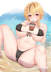 Rule 34 | 1girl, absurdres, ass, bare legs, beach, bikini, black bikini, black hair, blonde hair, blush, breasts, breasts apart, bubble tea, bubble tea challenge, cameltoe, collarbone, covered erect nipples, crotch, cup, deogho (liujinzy9854), drinking straw, drinking straw in mouth, highres, korean commentary, large breasts, looking at viewer, m legs, medium hair, multicolored hair, navel, ocean, original, partially submerged, partially visible vulva, red eyes, short hair, solo, spread legs, stomach, streaked hair, swimsuit, two-tone hair