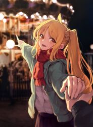 Rule 34 | 1girl, 1other, absurdres, ahoge, blonde hair, blurry, blurry background, bocchi the rock!, commentary request, detached ahoge, fingernails, gold ring, green jacket, highres, holding hands, hood, hood down, hooded jacket, ijichi nijika, index finger raised, jacket, jewelry, ky dako, long hair, long sleeves, looking at viewer, mixed-language commentary, open clothes, open jacket, parted bangs, pointing, pov, pov hands, red eyes, red scarf, ring, scarf, shirt, side ponytail, solo focus, upper body, wedding ring, white shirt
