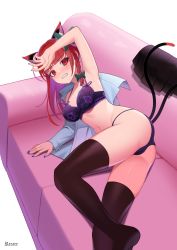 Rule 34 | 1girl, animal ear fluff, animal ears, arm up, armpits, artist name, ass, black bra, black panties, black skirt, black thighhighs, blunt bangs, blush, bow, bra, braid, breasts, cat ears, cat tail, cleavage, couch, extra ears, floral print, foot out of frame, green bow, hair bow, highres, kaenbyou rin, long hair, looking at viewer, lying, multiple tails, nail polish, navel, nekomata, on couch, on side, open clothes, open shirt, panties, recare, red eyes, red hair, shirt, skirt, unworn skirt, solo, tail, thighhighs, touhou, underwear, white background, white shirt