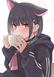 Rule 34 | 1girl, animal ears, black choker, black hair, black hoodie, blue archive, blush, choker, commentary, cup, ear down, hair ornament, hairclip, halo, hands up, holding, holding cup, hood, hood down, hoodie, kazusa (blue archive), long sleeves, looking at viewer, multicolored hair, parted lips, pink hair, puffy long sleeves, puffy sleeves, red eyes, simple background, sleeves past wrists, solo, two-tone hair, unaligned ears, uniazi mikan, upper body, white background