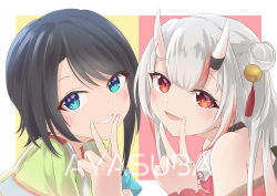 Rule 34 | 2girls, :d, absurdres, bare shoulders, bell, black hair, blouse, blue eyes, blush, commentary request, fang, green shirt, grey hair, grin, hair bell, hair bun, hair ornament, hand up, highres, hilamaru, hololive, horns, jingle bell, long hair, looking at viewer, multicolored hair, multiple girls, nakiri ayame, nakiri ayame (1st costume), oni, oozora subaru, oozora subaru (1st costume), open mouth, red background, red eyes, red hair, shirt, short sleeves, side bun, single hair bun, single side bun, skin-covered horns, smile, streaked hair, striped clothes, striped shirt, two-tone background, upper body, v over mouth, vertical-striped clothes, vertical-striped shirt, virtual youtuber, white background, yellow background