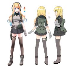 Rule 34 | 1girl, backpack, bag, bandana, blonde hair, blue eyes, blue hair, boots, breasts, camouflage, camouflage skirt, character sheet, color guide, facing viewer, from behind, gloves, gradient hair, headset, highres, indie virtual youtuber, long hair, looking at viewer, multicolored hair, parted lips, pleated skirt, profile, simple background, skirt, small breasts, standing, symbol in eye, thighhighs, virtual youtuber, white background, zeta (vtuber)