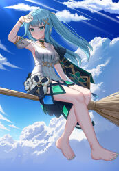 Rule 34 | 1girl, absurdres, aqua hair, aqua nails, arm up, armlet, armpits, bare legs, barefoot, breasts, broom, broom riding, chinese commentary, clothing cutout, cloud, cloudy sky, collarbone, commentary request, day, dress, faruzan (genshin impact), feet, floating hair, full body, genshin impact, hair ornament, highres, knees together feet apart, legs, long hair, looking to the side, medium breasts, miniskirt, multicolored clothes, multicolored skirt, nail polish, outdoors, parted lips, short sleeves, sidelocks, sitting, skirt, skirt cutout, sky, skym (kumei), solo, symbol-shaped pupils, toenail polish, toenails, toes, triangle-shaped pupils, twintails, white dress, wristlet, x hair ornament