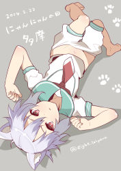 Rule 34 | 10s, 1girl, animal ears, barefoot, cat ears, eight tohyama, grey background, highres, kantai collection, looking at viewer, lying, navel, on back, purple hair, red eyes, school uniform, short hair, solo, tama (kancolle), upside-down