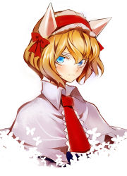 Rule 34 | 1girl, alice margatroid, animal ears, blonde hair, blue eyes, blush, bow, bug, butterfly, capelet, cat ears, hair bow, hairband, insect, kemonomimi mode, kozou (soumuden), looking at viewer, necktie, short hair, simple background, solo, touhou, white background