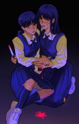 Rule 34 | 2girls, absurdres, black hair, blood, blood drip, bloody knife, chainsaw man, cross scar, dark background, dress, facial scar, fourth east high school uniform, frown, highres, holding, holding hands, holding knife, knife, liz (beforelightsout), long hair, looking at viewer, low twintails, mitaka asa, multiple girls, open mouth, pinafore dress, scar, scar on cheek, scar on face, school uniform, seiza, sitting, sleeveless dress, sweat, twintails, white footwear, yoru (chainsaw man)