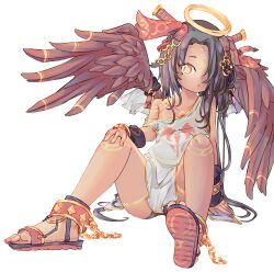 Rule 34 | 1girl, ankle cuffs, barefoot, black hair, bodypaint, chaosexceed, collarbone, dark skin, detached sleeves, dot nose, facial mark, feathered wings, forehead, forehead mark, hair ornament, hair over one eye, halo, long hair, off shoulder, original, sandals, strap slip, tan, tank top, toes, wings, yellow eyes