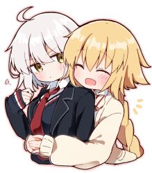 Rule 34 | 2girls, ahoge, black cardigan, black jacket, blonde hair, blush, bow, bowtie, braid, cardigan, closed eyes, closed mouth, collared shirt, commentary request, fate/grand order, fate (series), hug, hug from behind, jacket, jeanne d&#039;arc (fate), jeanne d&#039;arc alter (fate), long hair, looking at another, looking to the side, multiple girls, necktie, official alternate costume, open clothes, open jacket, open mouth, rabiiandrain, red necktie, school uniform, shirt, short hair, simple background, sleeves past wrists, smile, uniform, very long hair, white background, white hair, white shirt, yellow eyes, yellow jacket