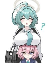 Rule 34 | 2girls, ?, ahoge, aqua necktie, bag (chrko bag), blue archive, blue eyes, breast rest, breasts, breasts on head, closed eyes, collared shirt, hair intakes, halo, heterochromia, hoshino (blue archive), hoshino (young) (blue archive), large breasts, long hair, long sleeves, multiple girls, necktie, open mouth, pink hair, shirt, short hair, simple background, white background, white shirt, yellow eyes, yume (blue archive)