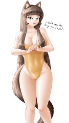 Rule 34 | 1girl, absurdres, animal ears, blue eyes, breasts, brown hair, cat ears, cat girl, cleavage, covering privates, covering breasts, fangs, fluffy, highres, large breasts, long hair, looking at viewer, one-piece swimsuit, original, shy, solo, swimsuit, tail, takie, takie arts, text focus, thick thighs, thighs, white background