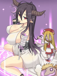 Rule 34 | 10s, 1girl, bare shoulders, breasts, cleavage, danua, doll, draph, gradient background, granblue fantasy, gretel (granblue fantasy), hansel (granblue fantasy), highres, horn ornament, horns, huge breasts, jewelry, kd, looking at viewer, naughty face, necklace, pointy ears, red eyes, sitting, striped, striped background, thighs, wariza