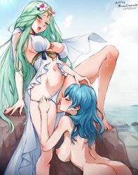 Rule 34 | 2girls, age difference, artist name, ass, barefoot, bikini, blue hair, blush, breasts, byleth (female) (fire emblem), byleth (fire emblem), cleavage, clothed female nude female, completely nude, cunnilingus, day, feet, fire emblem, fire emblem: three houses, fire emblem heroes, flower, foot out of frame, green eyes, green hair, hair flower, hair ornament, hand on another&#039;s head, large breasts, legs, long hair, looking at another, mina cream, moaning, multiple girls, navel, nintendo, nipples, nude, ocean, open mouth, oral, outdoors, puffy nipples, pussy, rhea (fire emblem), sex, swimsuit, tagme, third-party edit, toenails, toes, tongue, white bikini, yuri