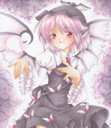 Rule 34 | 1girl, :d, animal ears, female focus, frilled sleeves, frills, hand on own chest, hat, long sleeves, marker (medium), music, mystia lorelei, open mouth, outstretched hand, pastel (medium), pink hair, puffy sleeves, purple background, red eyes, satsuki (gogotaru), singing, skirt, skirt set, smile, solo, touhou, traditional media, wide sleeves, wings