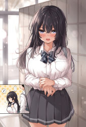 Rule 34 | 1boy, 1girl, bag, black hair, blouse, blue eyes, blush, bow, bowtie, breasts, collared shirt, cut-in, dress shirt, hair between eyes, highres, large breasts, locker, long hair, long sleeves, multiple views, open mouth, original, pleated skirt, school bag, school uniform, shirt, shirt tucked in, skirt, solo focus, standing, white shirt, wing (aiastor)