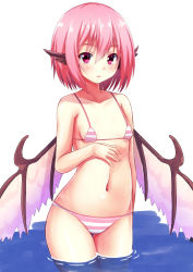 Rule 34 | 1girl, alternate costume, animal ears, bikini, blush, breasts, ebi 193, looking at viewer, mystia lorelei, navel, pink hair, red eyes, short hair, simple background, small breasts, solo, striped bikini, striped clothes, swimsuit, touhou, wings