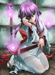 Rule 34 | 1girl, borrowed character, bow, breasts, eudetenis, hand fan, folding fan, full body, ghost, green eyes, highres, hitodama, isabelle (acerailgun), japanese clothes, kimono, looking at viewer, mask, original, purple hair, ribbon, seiza, sitting, smirk, solo