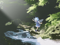 Rule 34 | 1girl, akakage red, blue hair, cirno, day, embodiment of scarlet devil, female focus, nature, outdoors, red (artist), river, scenery, short hair, solo, touhou, wide shot, wings