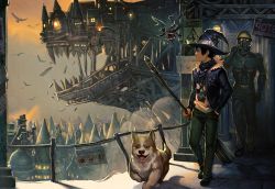 Rule 34 | 1boy, 1other, ambiguous gender, animal, armor, bad id, bad pixiv id, belt, bird, black footwear, black hair, black pants, blue jacket, broom, building, city, cityscape, day, dog, fence, fur collar, gas mask, hand in pocket, handkerchief, hat, helmet, highres, holding, holding broom, isaroishin, jacket, looking afar, mask, no trespassing, open clothes, open jacket, original, outdoors, pants, profile, scenery, shirt, shoes, short hair, sign, spikes, walking, white shirt, wizard, wizard hat