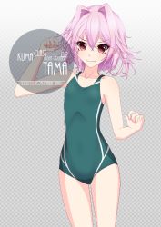 Rule 34 | 1girl, artist name, blush, character name, checkered background, collarbone, commentary request, competition swimsuit, cowboy shot, eyes visible through hair, flat chest, gradient background, green one-piece swimsuit, hair between eyes, hair intakes, highres, inaba shiki, kantai collection, looking at viewer, multicolored clothes, multicolored swimsuit, one-hour drawing challenge, one-piece swimsuit, pink hair, red eyes, short hair, simple background, solo, striped clothes, striped one-piece swimsuit, swimsuit, tama (kancolle), vertical-striped clothes, vertical-striped one-piece swimsuit