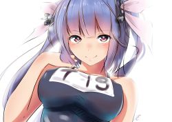 Rule 34 | 10s, 1girl, bad id, bad pixiv id, blush, breasts, covered erect nipples, hair ornament, hand on own chest, highres, i-19 (kancolle), kantai collection, large breasts, long hair, looking at viewer, pink eyes, purple hair, school swimsuit, simple background, smile, solo, star-shaped pupils, star (symbol), swimsuit, symbol-shaped pupils, tatusinomu, underbust, white background