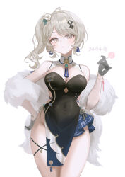 Rule 34 | 1girl, adelie cat, bare shoulders, black gloves, blush, breasts, china dress, chinese clothes, cleavage, closed mouth, clothing cutout, covered navel, cowboy shot, dated, dress, earrings, flower, gloves, grey hair, hair flower, hair ornament, hand on own hip, highres, indie virtual youtuber, jewelry, kejang, large breasts, looking at viewer, ponytail, side ponytail, simple background, sleeveless, sleeveless dress, solo, white background, white flower