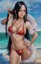 Rule 34 | 1girl, bad id, bad pixiv id, baimon, bare shoulders, bikini, black hair, blue eyes, boa hancock, breasts, cleavage, closed mouth, collarbone, cowboy shot, day, deviantart username, earrings, groin, hand in own hair, hand on own hip, hand up, jewelry, large breasts, legs apart, lips, long hair, looking at viewer, navel, nose, o-ring, o-ring bikini, o-ring top, ocean, one piece, outdoors, parted bangs, pink lips, red bikini, side-tie bikini bottom, snake, snake earrings, solo, swimsuit, tongue, tongue out, very long hair, water, white snake