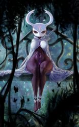 Rule 34 | 1girl, absurdres, atweiern, bodysuit, breasts, bug, butterfly, cloak, covered navel, genderswap, genderswap (mtf), groin, highres, hollow knight, hollow knight (character), horns, insect, knight (hollow knight), large breasts, looking at viewer, mask, silhouette, sitting, skin tight, thick thighs, thighs, weapon, white cloak, wide hips