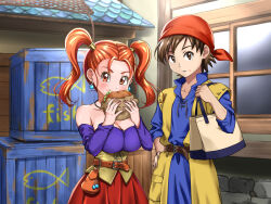 Rule 34 | 1girl, bare shoulders, breasts, burger, cleavage, dragon quest, dragon quest viii, dress, earrings, hero (dq8), highres, jessica albert, jewelry, large breasts, mitsuju you, necklace, twintails