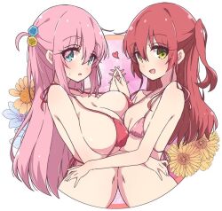 Rule 34 | 2girls, asymmetrical docking, bikini, blue eyes, bocchi the rock!, breast press, breasts, cleavage, flower, gotoh hitori, holding hands, hug, interlocked fingers, kita ikuyo, large breasts, light blush, long hair, looking at viewer, multiple girls, navel, open mouth, pink hair, red hair, simple background, small breasts, smile, swimsuit, upper body, yellow eyes, yuri