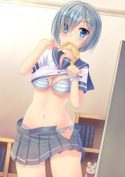 Rule 34 | 10s, 1girl, blue eyes, blue hair, book, bookshelf, bra, breasts, cleavage, clothes lift, hamakaze (kancolle), highres, kantai collection, matching hair/eyes, mouth hold, navel, panties, school uniform, shirt lift, side-tie panties, solo, string panties, striped clothes, striped panties, umitonakai, underboob, underwear, undressing