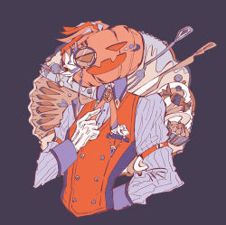 Rule 34 | 1boy, collared shirt, cropped torso, fork, gloves, hand up, jack-o&#039;-lantern, knife, long sleeves, looking at viewer, mokuhatuka, monocle, object head, orange vest, original, purple shirt, shirt, solo, striped clothes, striped shirt, vest, white gloves
